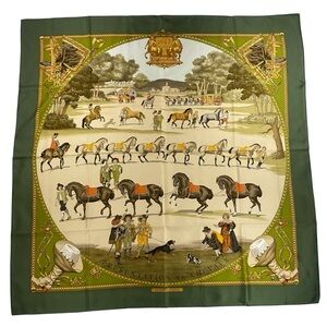 Hermes Presentation de Chevaux Silk Scarf Philippe Ledoux  Green Carre 90